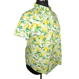 Woman Within Lemon Print Button Up Collared Top Plus Size 14-16